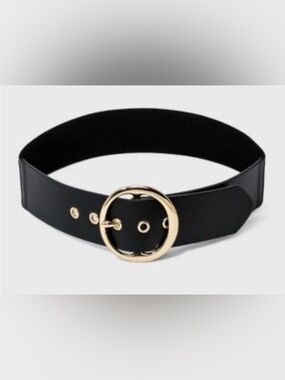 A New Day Black Belt With Gold Ring Buckle Faux Leather And Elastic Tab